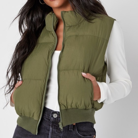 Lulus Warm Aesthetic Olive Green Mock Neck Puffer Vest - Size S - Picture 1 of 1